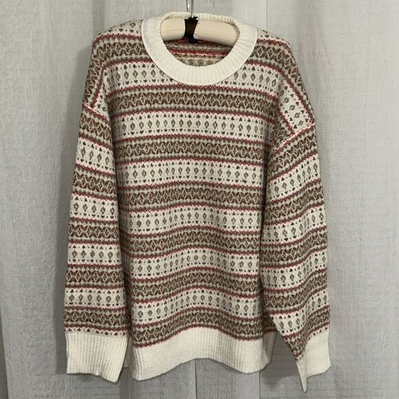 AE Whoa So Soft Fair Isle Crewneck Relaxed Knit Cream Tan Red Preppy Sweater - Picture 9 of 16